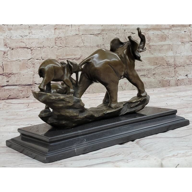 Mother Elephant And Baby Calf Bronze Statue Sculpture Original Art On Marble Base