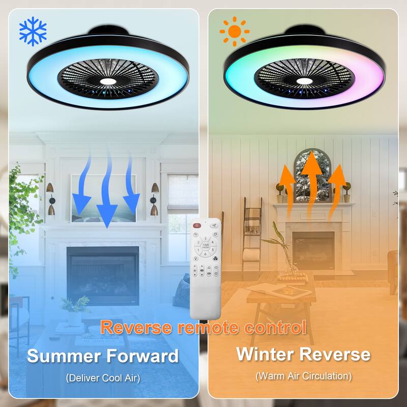 Cusp Barn 23 Inch Modern Low Profile RGB Ceiling Fan with Light, Smart Bladeless Flush Mount Enclosed Black Dimmable Ceiling Fan