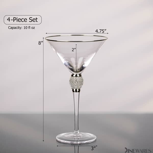 dimension image slide 2 of 4, Premium Clear Stem Crystal Martini Glasses with Rim and Diamond-like Rhinestones, Elegant 10oz Glassware Set for Cosmopolitan
