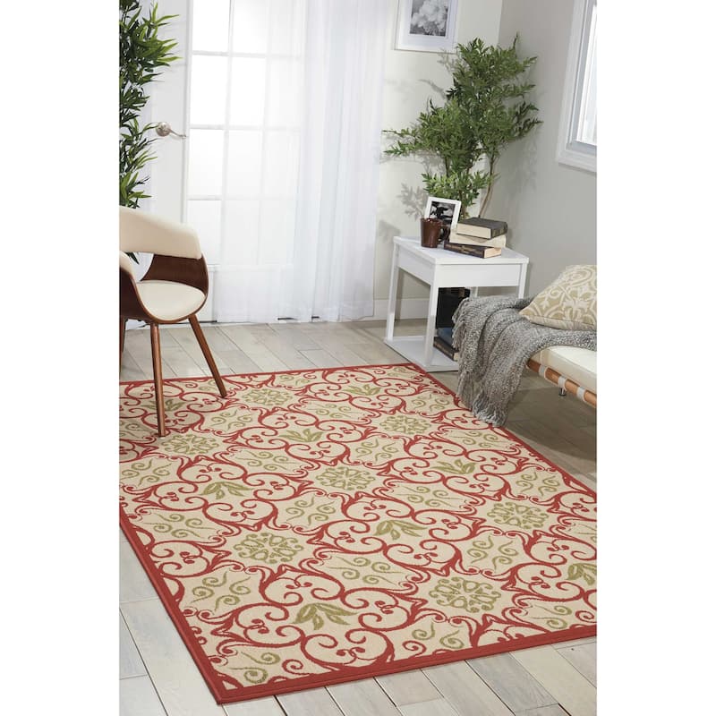 Nourison Caribbean Floral Geometric Indoor/Outdoor Area Rug - 3'11" x 5'11" - Ivory/Red
