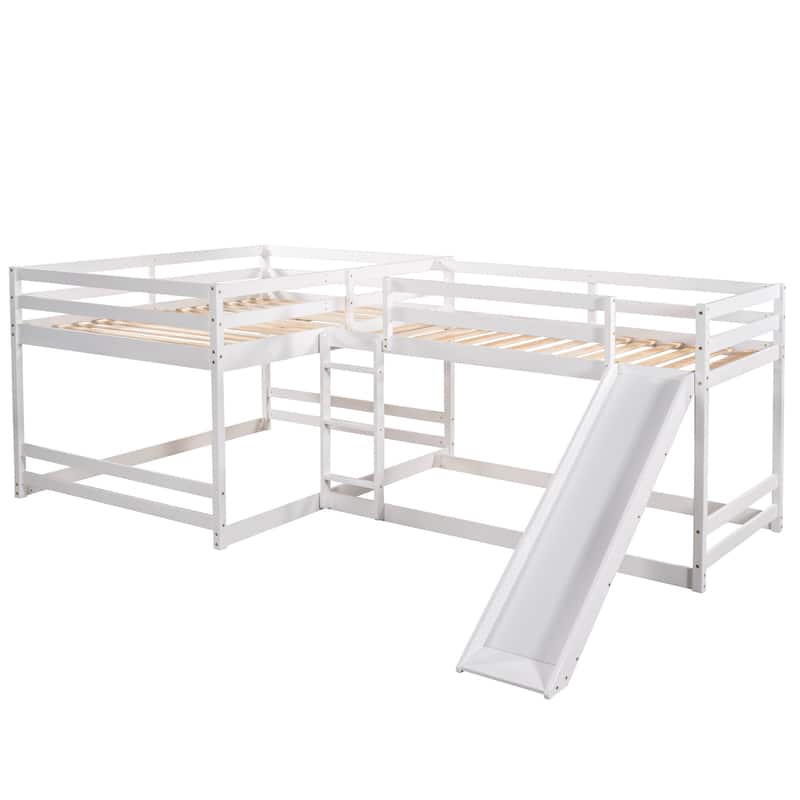 Full and Twin Size L-Shaped Bunk Bed Wood Frame Bed with Slide and Short Ladder, Full-Length Guardrail Top Bunk for Kids Teens