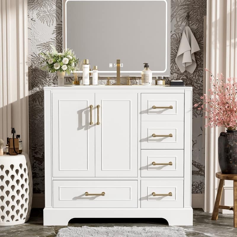 MEDUNJESS 36'' Bathroom Vanity with Ceramic Sink, Bathroom Storage Cabinet - White