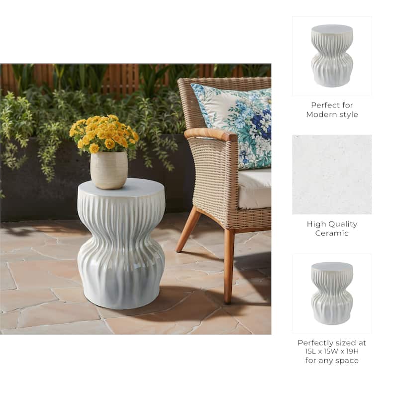Ceramic Garden Stool Textured Wave Design for Home Decor - 19" White