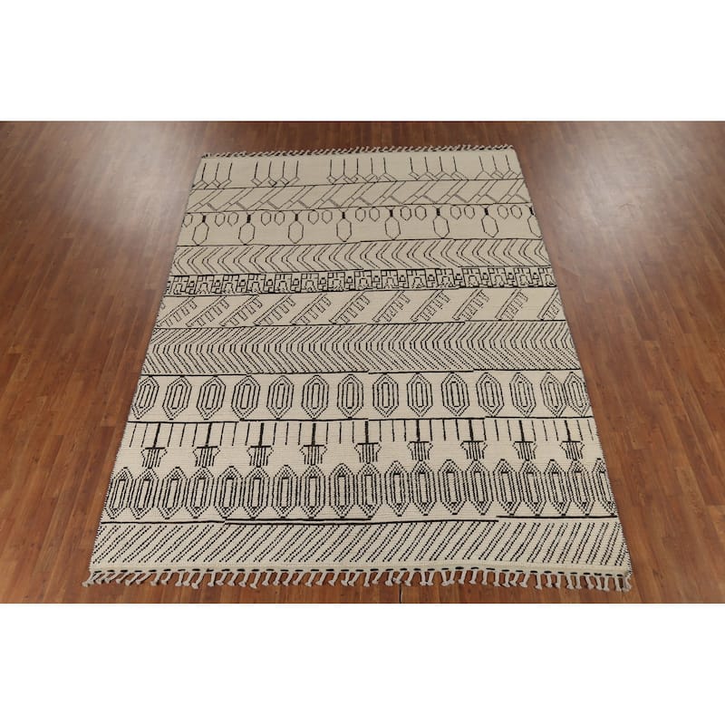 Moroccan Style Area Rug Hand-Knotted Oriental Beige Wool Carpet - 7'9"x 10'6"