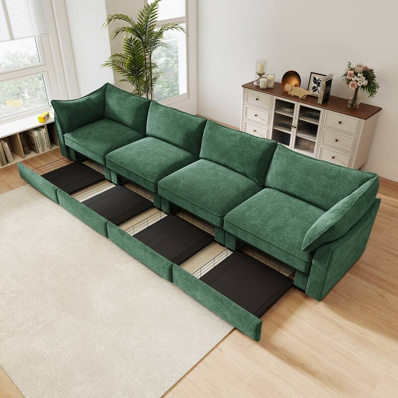 Super Large Wide and Deep Seat Sofa Couch for 4 Persons, 4 Seater Sofa with Storage Pull out Drawer Under Each Seat - Green