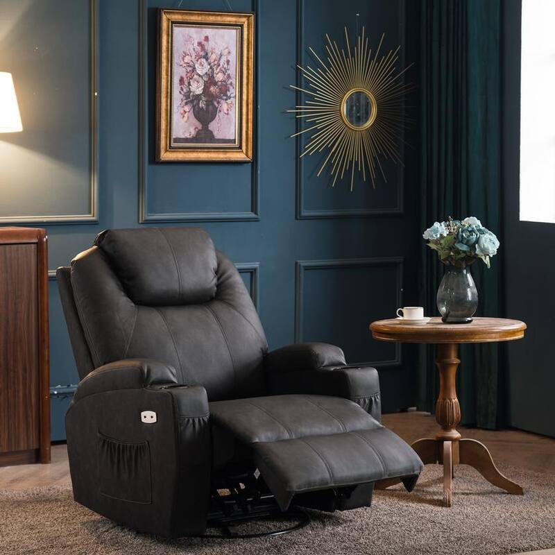 MCombo Manual Swivel Glider Rocker Recliner Chair with Massage and Heat, Faux Leather 8031