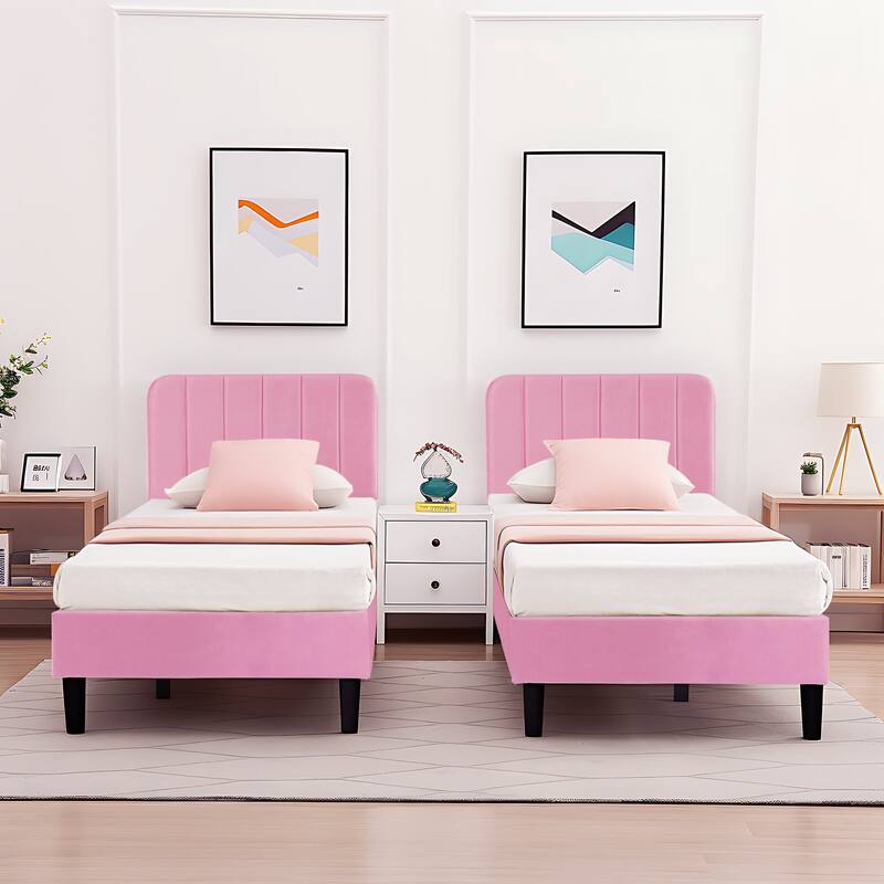 Kids Bed Frame, Height Adjustable Upholstered Bed, Twin Size Bed Set of 2 - Pink - Set of 2
