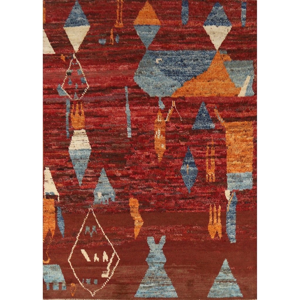 Geometric Moroccan Oriental Area Rug Handmade Red Wool Carpet - 6'4" x 8'9"