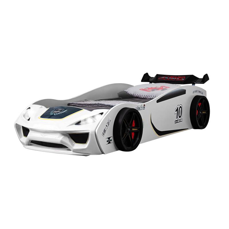 Furniture of America Ranger Modern White Twin Race Car-Shaped Platform Bed with LED Headlights