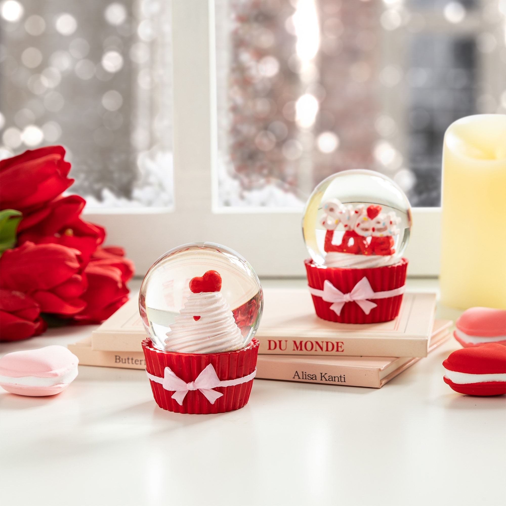 Glitzhome 3.25"H S/2 Valentine's Resin Cupcakes Waterglobes