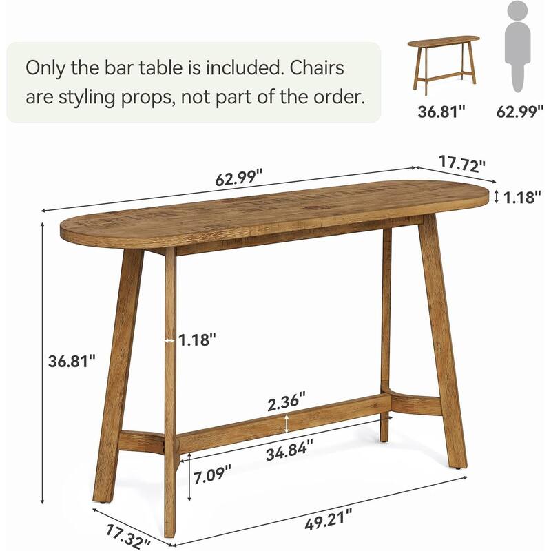 63" Solid Wood Bar Table, Oval Counter Height Table with Footrest for Kitchen - 17.72"D x 62.99"W x 37.4"H