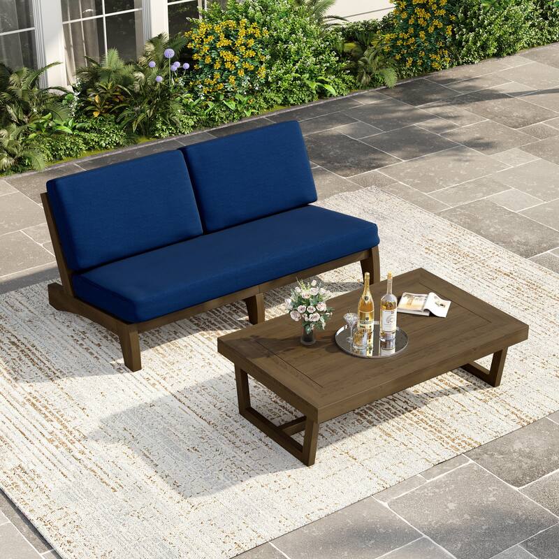 3 Seat Wood 64" W Cushioned Outdoor Patio Sofa with Coffee Table - Natural Wood - Navy