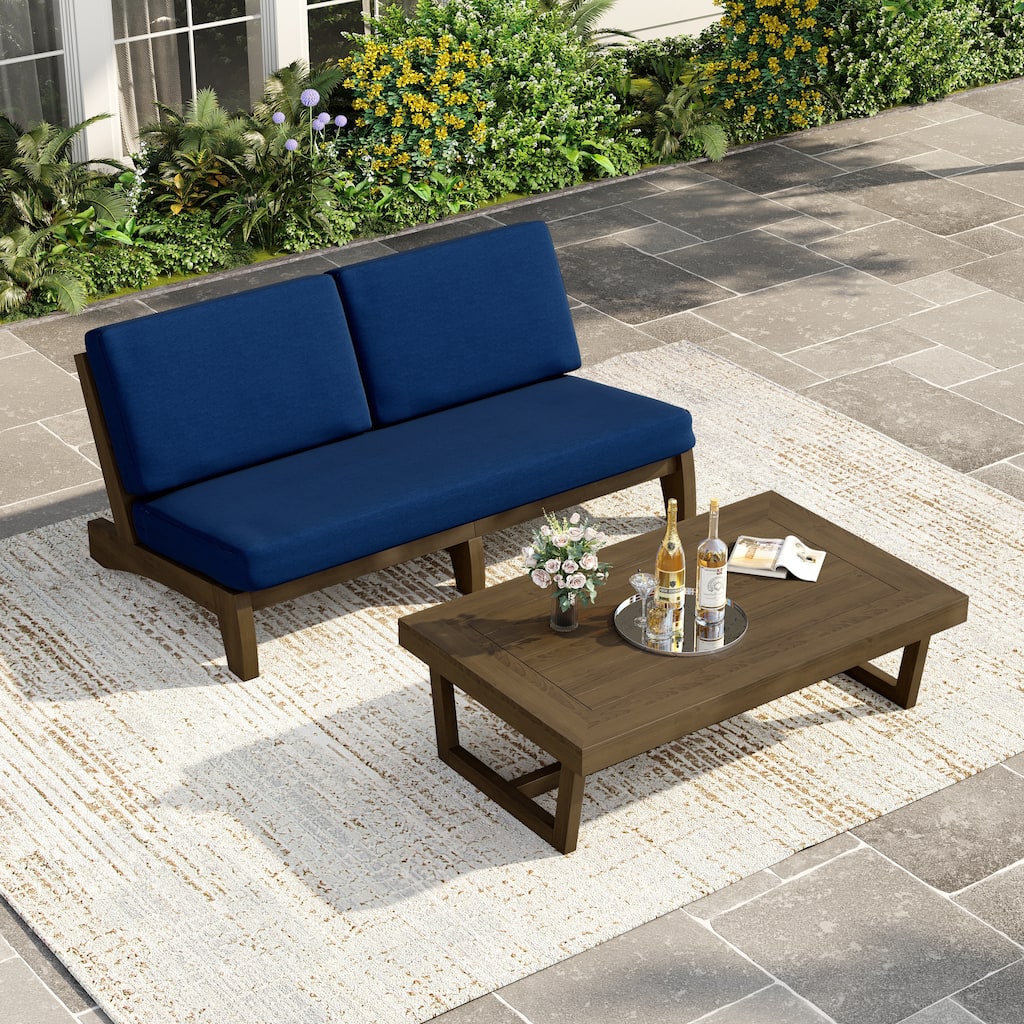 3 Seat Wood 64" W Cushioned Outdoor Patio Sofa with Coffee Table