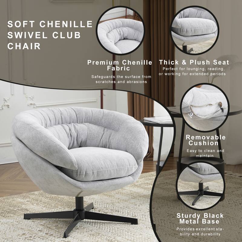 Chenille Upholstered 360° Swivel Club Chair/Accent Chair with Removable Cushion, Round Office Chair with Black Metal Base