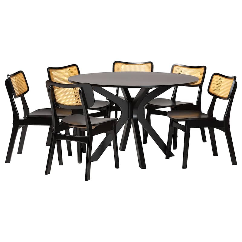 Linnet Mid-Century Modern Wood and Rattan 7-Piece Dining Set - Espresso