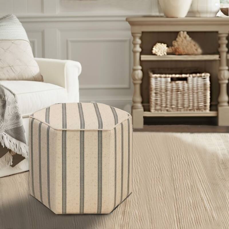Roomfitters Hexagon Accent Ottoman, Farmhouse Stripe Upholstered Seat for Living Room or Bedroom, Natural - Natural