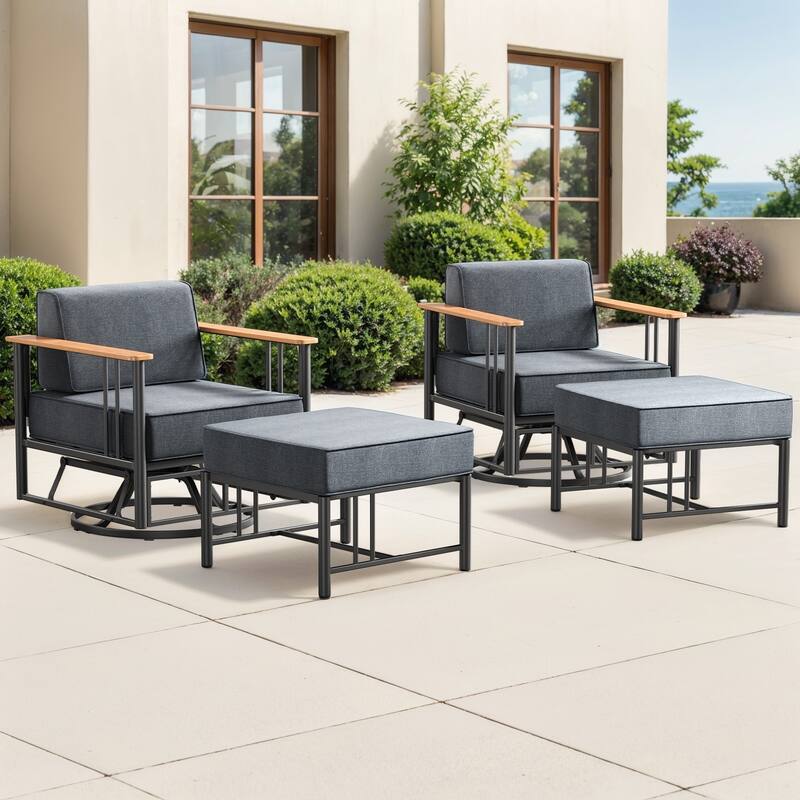 Puffin 4-Piece Black Metal Frame Outdoor Swivel Gliding Chairs with 6-Inch Dark Gray Cushions and Ottomans