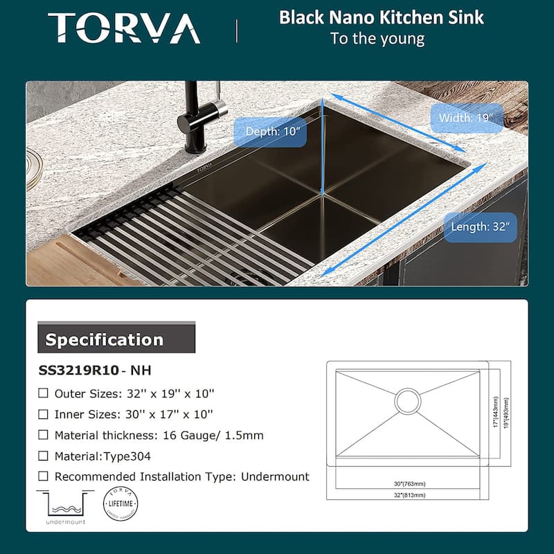 Black Kitchen Sink, 16 Gauge Stainless Steel Single Bowl Undermount Sink-32 x 19 x 10