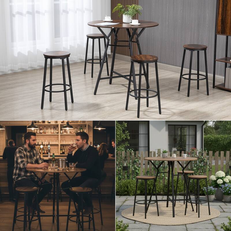 HOMCOM Industrial 5-Piece Bar Table and Chairs Set, Space Saving Dining Table with 4 Stools for Pub and Kitchen, Black & Brown