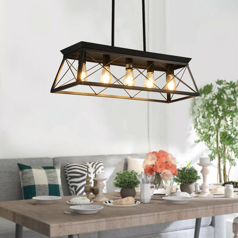 32" Industrial 5-Light Pendant Chandelier, Modern Metal Cage Design, Adjustable Hanging Light for Dining Room (No Bulbs)
