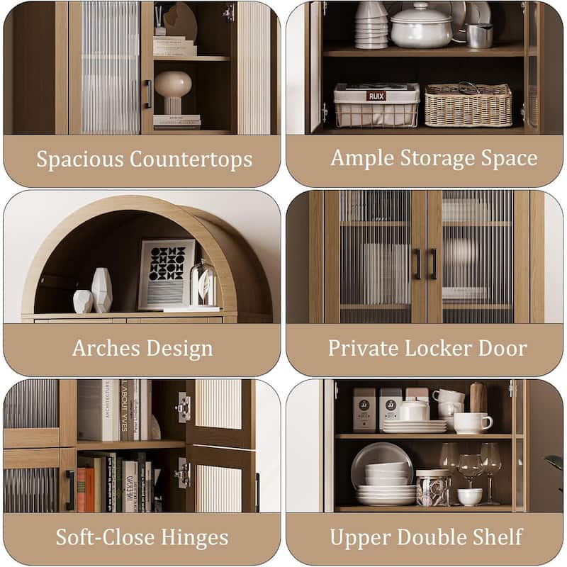 71" Tall Arched Cabinet with Glass Doors, Modern Farmhouse Arched Bookcase Storage with Shelves, Pantry Cabinet