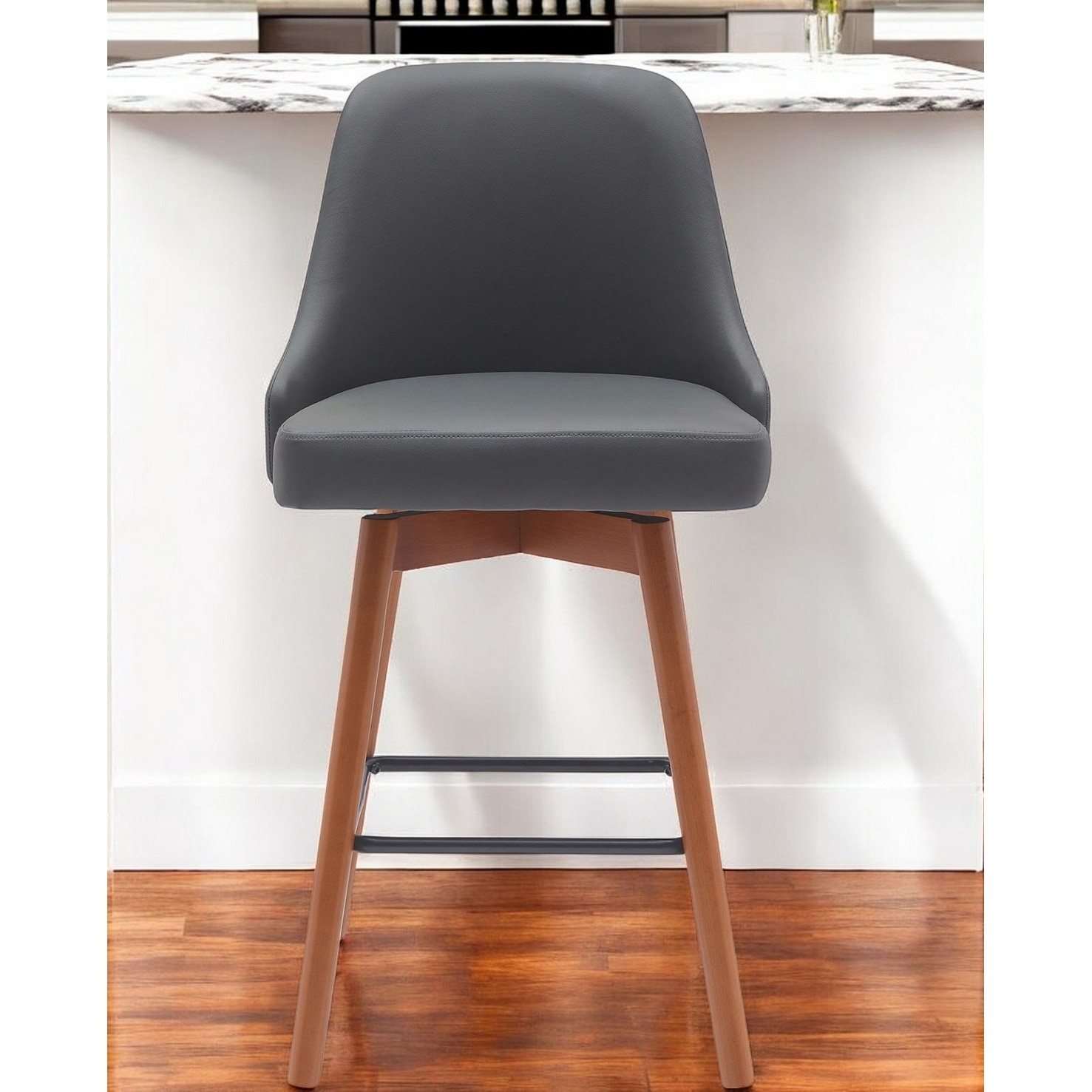 26" Gray and Wood Brown Faux Leather with Solid Wood Swivel Counter Height Bar Chair