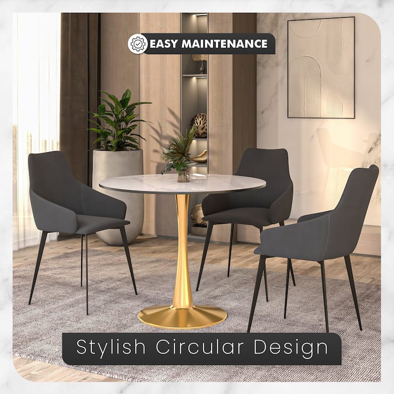 Bristol Round Dining Table 35 in. Sintered Stone Tabletop & Brushed Gold Stainless Steel Pedestal Base