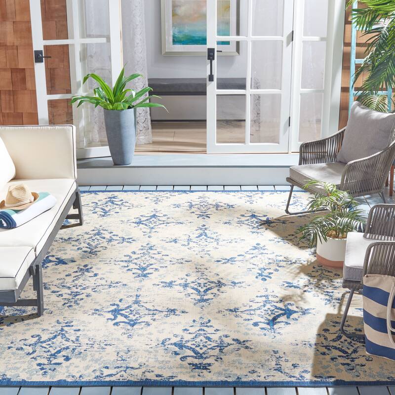 SAFAVIEH Courtyard Crocifissa Indoor/ Outdoor Waterproof Patio Backyard Rug - 4'5" x 6'5" - Ivory/Navy