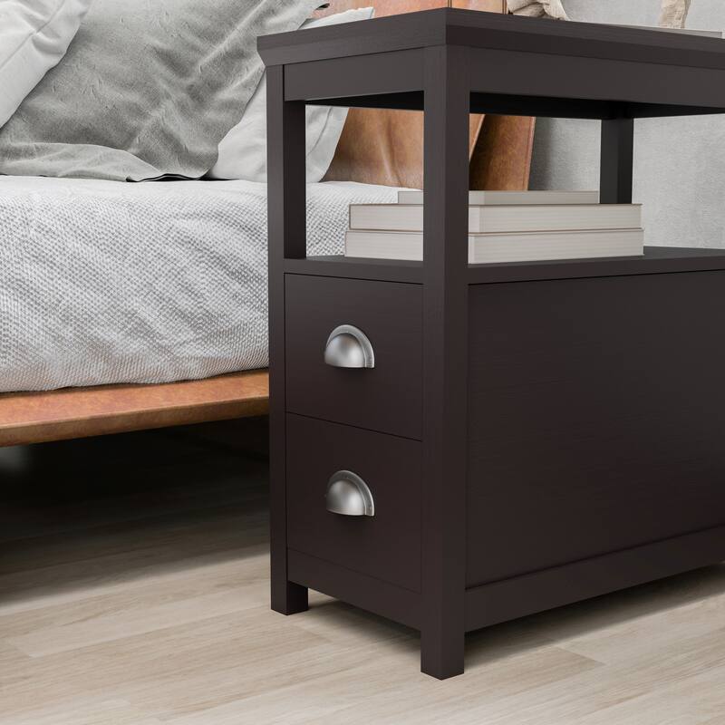 End Table, Narrow Chairside Table with Drawer and Open Storage Shelf
