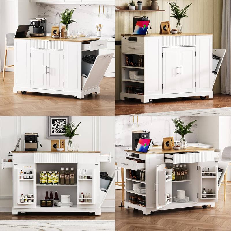 Rolling Kitchen Islands on 5 Wheels with 3 Drawer, 3 Open Side Racks for 10 Gallon Garbage Bin