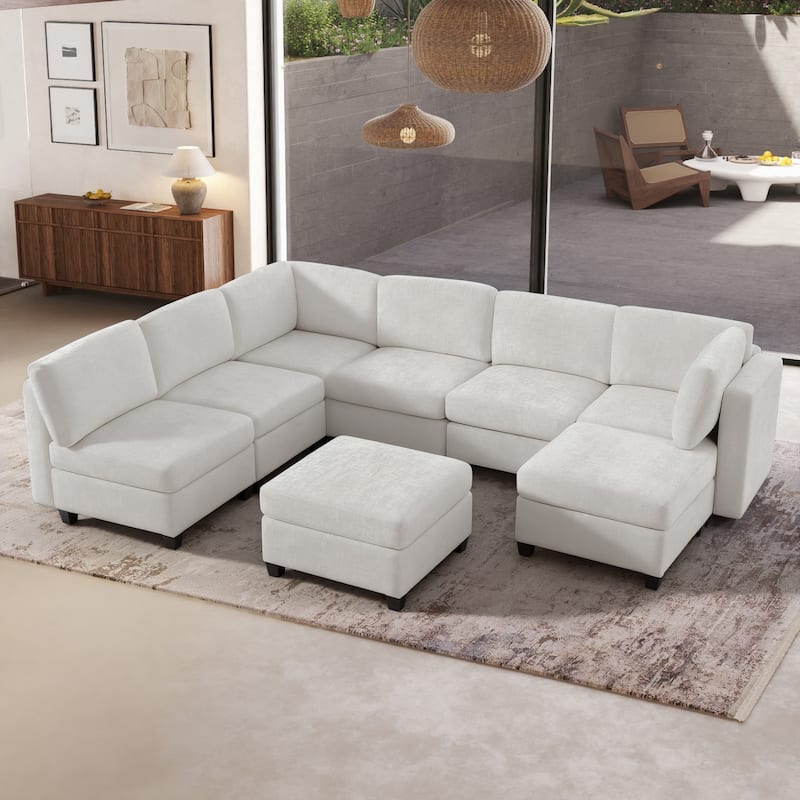 GDFStudio - Chenille Fabric 8-Seat 128" Modular Sectional Sofa with Storage & Solid Wood Frame - Beige