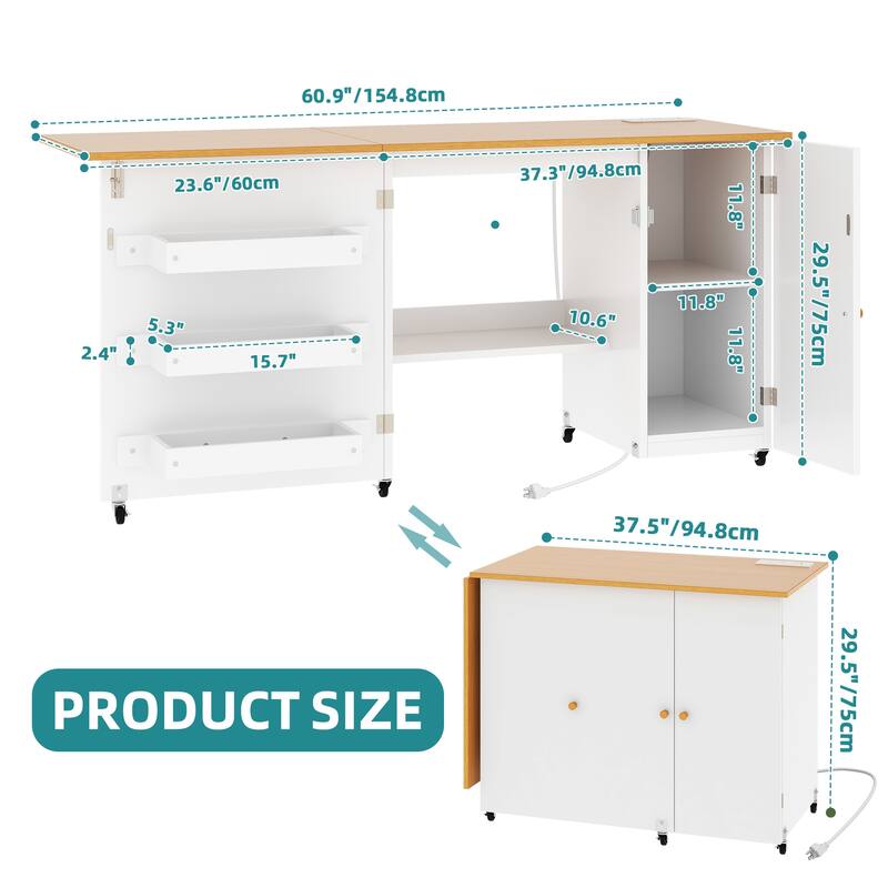 Moasis Folding Sewing Craft Table with Storage Shelves Cabinet With Charge Station