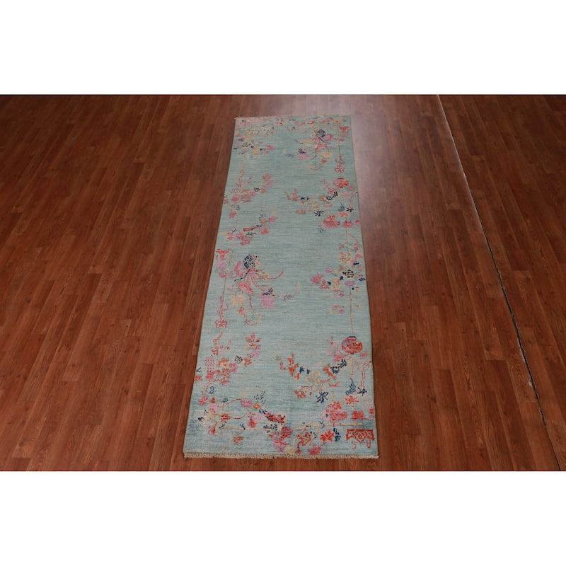 Hand Knotted Oriental 100% Wool Carpet Traditional All-Over Navy Blue & Blues Art Deco Runner Rug - 8' 1'' X 2' 8''