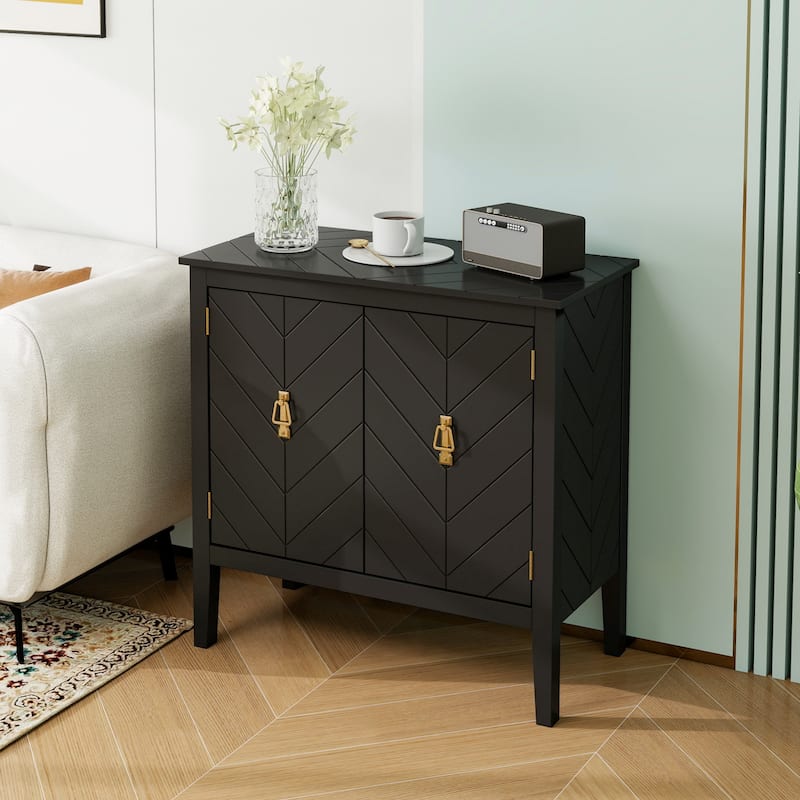 Sideboard Buffet Cabinet, Storage Cabinet with Adjustable Shelves, 2 Door Wood Stripe Accent Cabinet