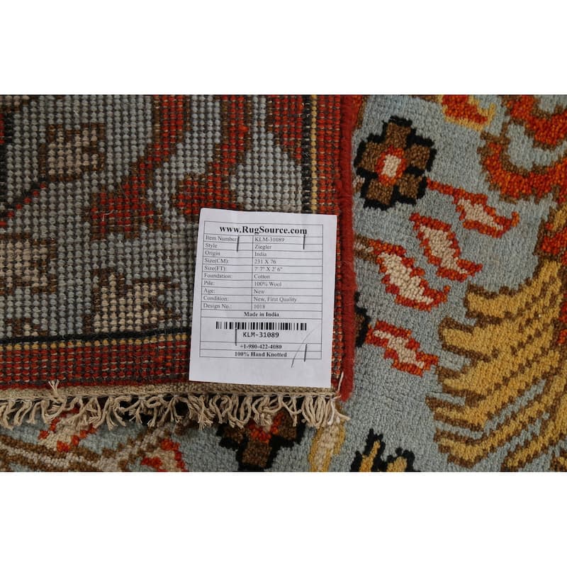 Blue Ziegler Indian Runner Rug Hand-Knotted Wool Carpet - 2'6"x 7'7"