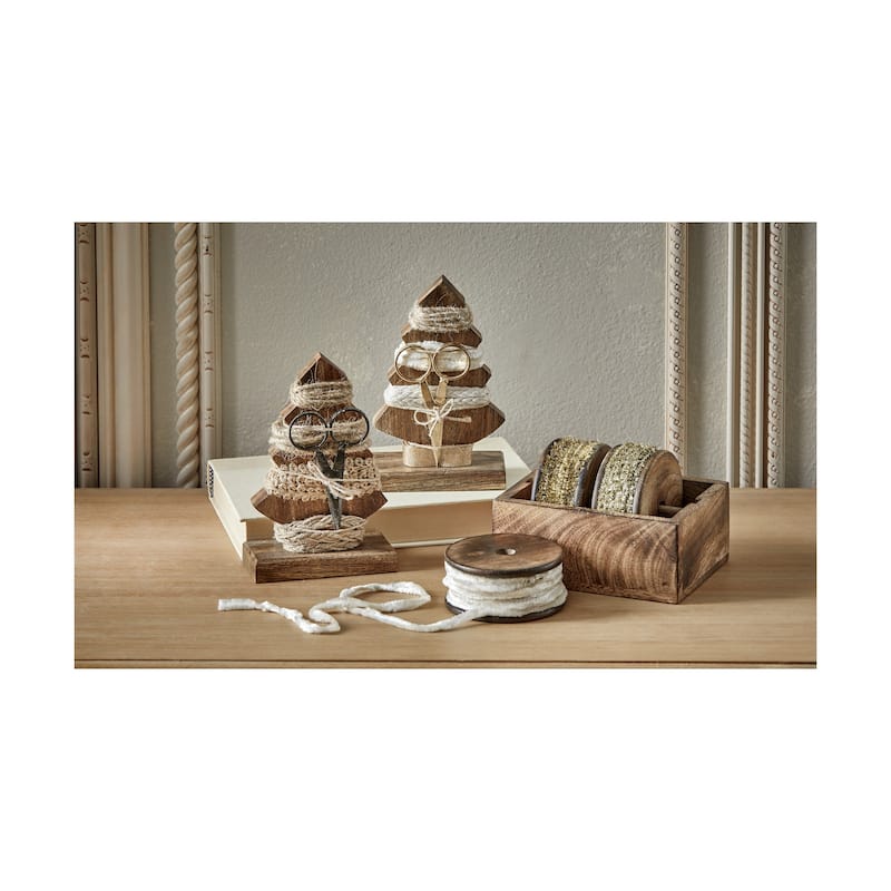 Champagne Tree Ribbon & Scissor Set - Set of 4 Taupe Brown Polyester Ribbons for Christmas, Spot Clean, 3.81" H x 5.87" L x 2" W