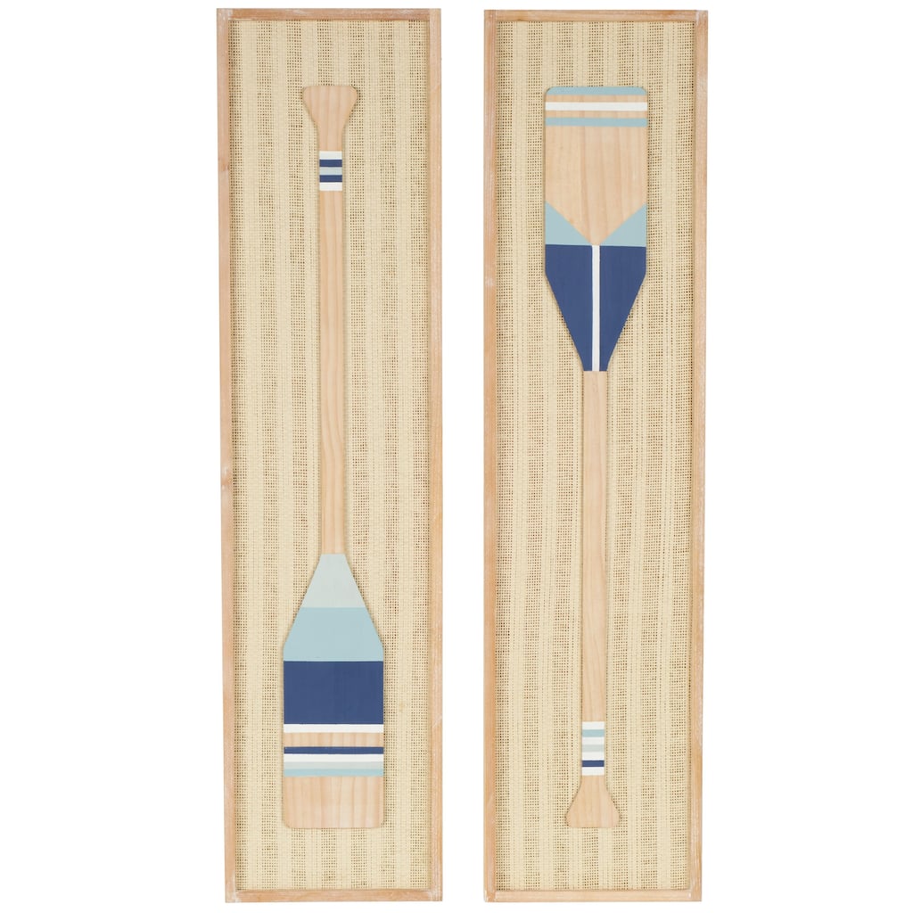 Wood Paddle Home Wall Decor with Blue and White Stripes and Woven Paper Backing - Set of 2 Cream - Roche River Decor