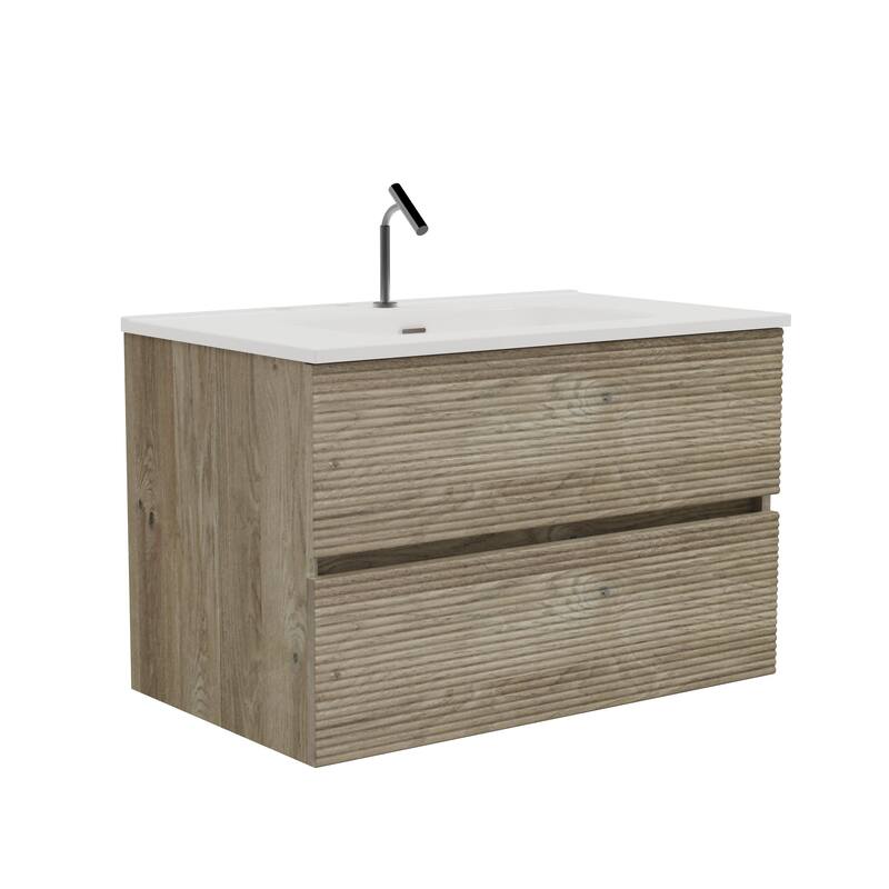 GDFStudio - Gloria Modern Wall-Mounted Floating Bathroom Vanity with Integrated Ceramic Basin & Soft-Close Drawers