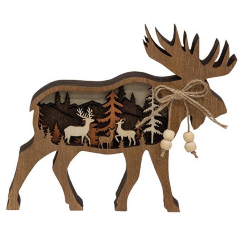 Brown Wood Moose Forest Scene Sitter with Layered Cutout and Jute Bow Decor - Height– 6.50 lbs.