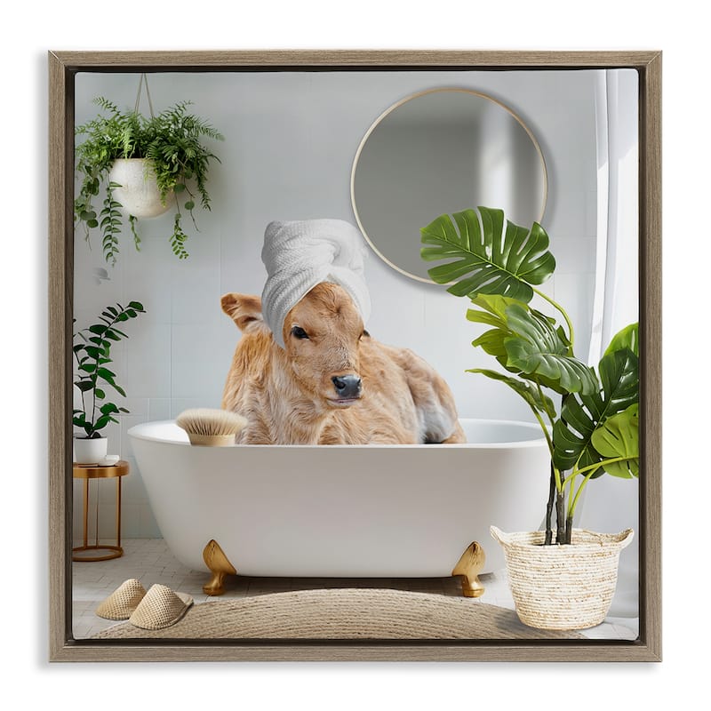 Stupell Pampered Cow in Bath Framed Floater Canvas Wall Art Design By CAD Designs - 18 x 18 - Brown