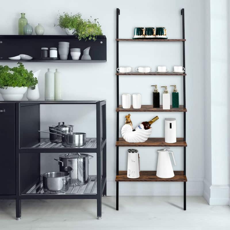 5-Shelf Wood Ladder Bookcase with Metal Frame Wall Mount Book Shelf