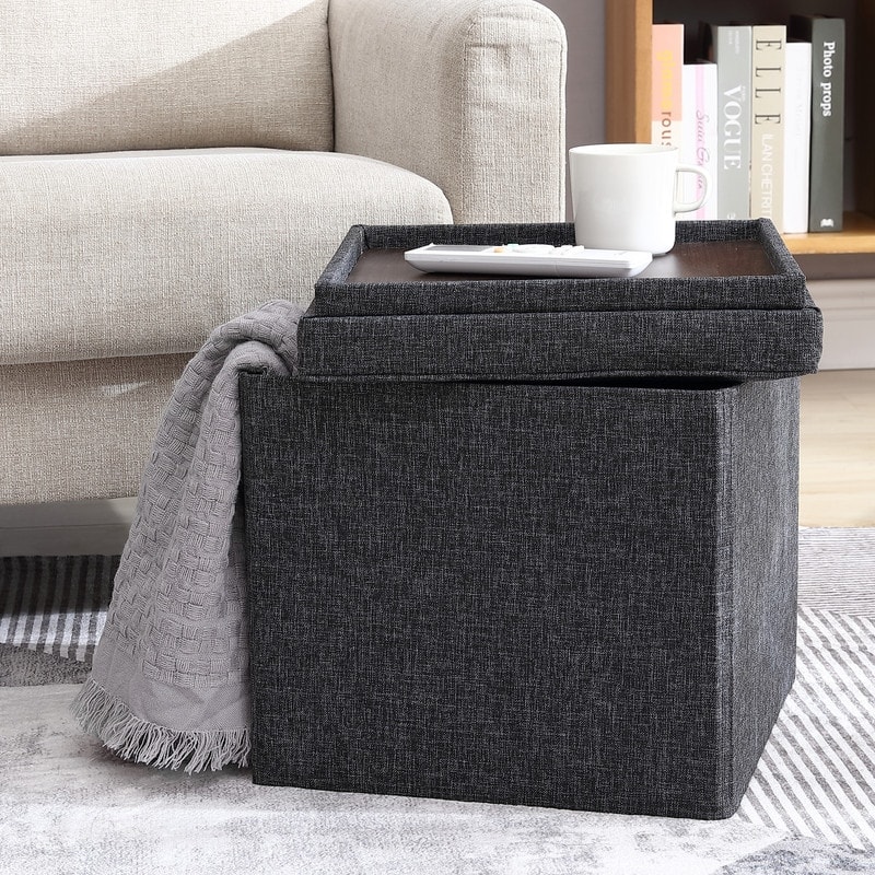 Foldable Tufted Square Storage Ottoman with Table Top Lid - Black