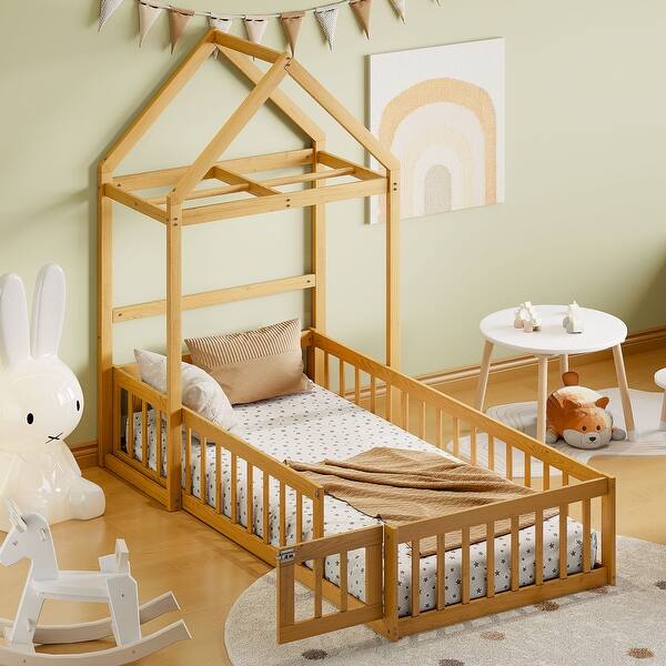 slide 2 of 17, Twin Size Wooden Bed with Detachable House Headboard, Fence Railings, and Integrated Kids Dress-Up Rack