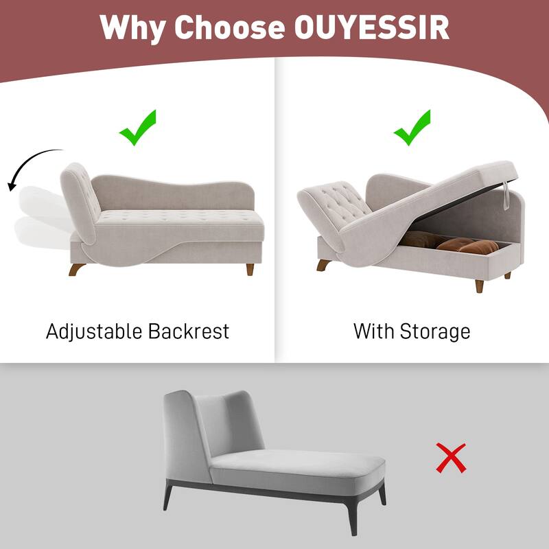 Ouyessir Upholstered Storage Chaise Lounge Chair with Left Armrest & Lumbar Pillow