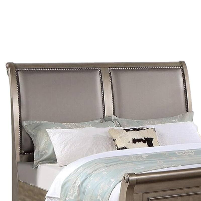 Wooden Bed with Upholstered Headboard in Antique Silver