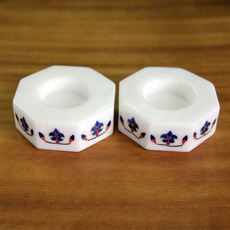 Novica Handmade Floral Alliance In Blue Marble Tealight Holders (Pair)