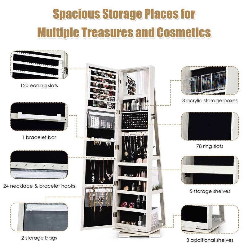 Costway 360degree Rotatable Jewelry Cabinet 2-in-1 Lockable Mirrored - See Details