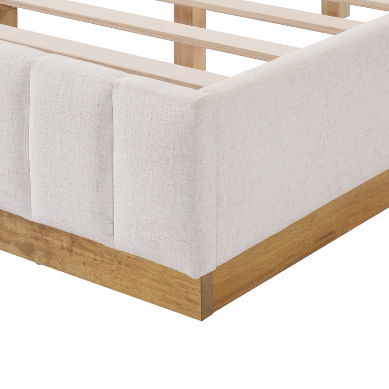 Beige Platform Bed Frame Stripe Linen Thick Upholstered Headboard Footboard, Solid Wooden Base Frame