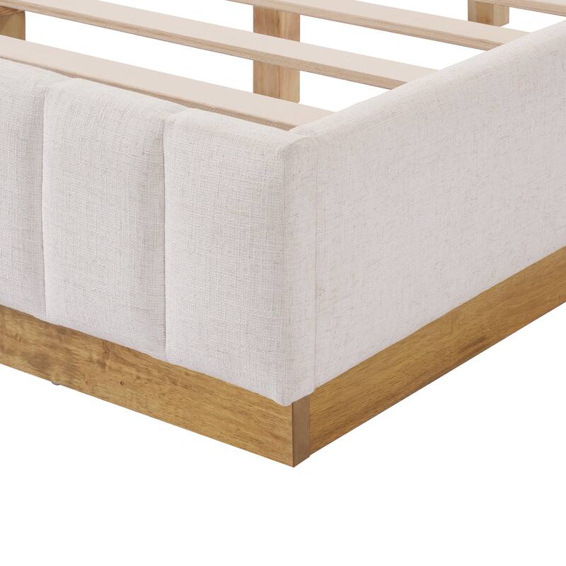 Beige Upholstered Bed with Vertical Stripes Headboard Linen Platform Bed