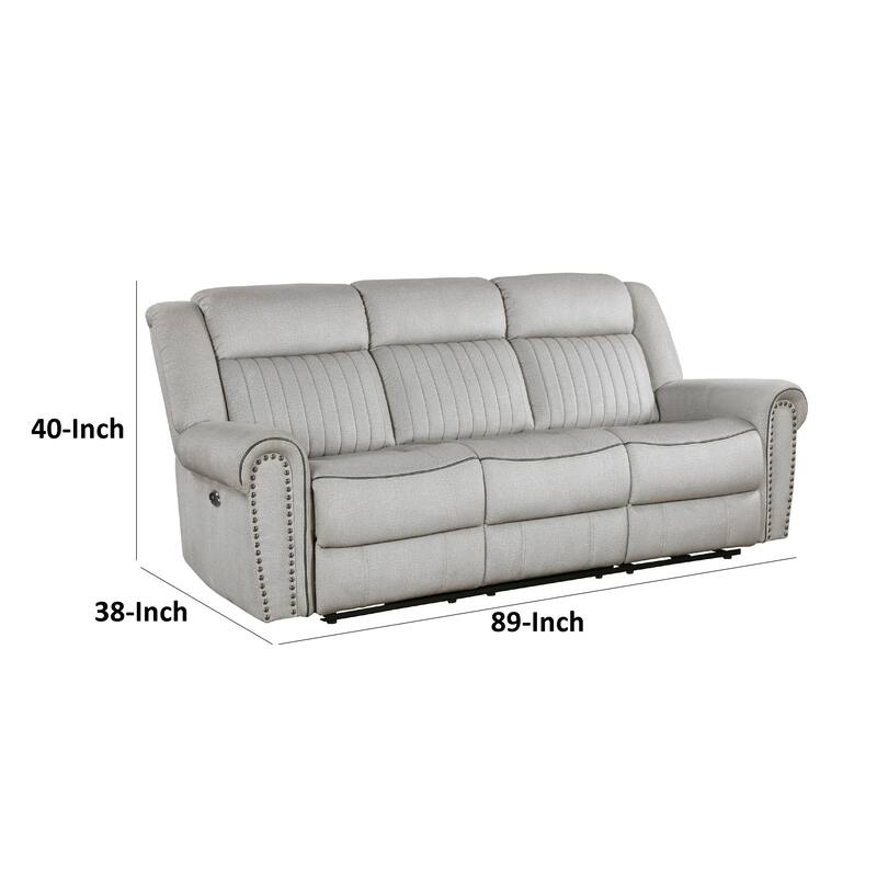 Ben Power Reclining Sofa, 89 Inch, Gray Microfiber, Nailhead Trims